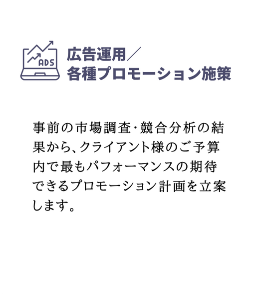 広告運用/各種プロモーション施策
事前の市場調査・競合分析の結果から、クライアント様のご予算内で最もパフォーマンスの期待できるプロモーション計画を立案します。